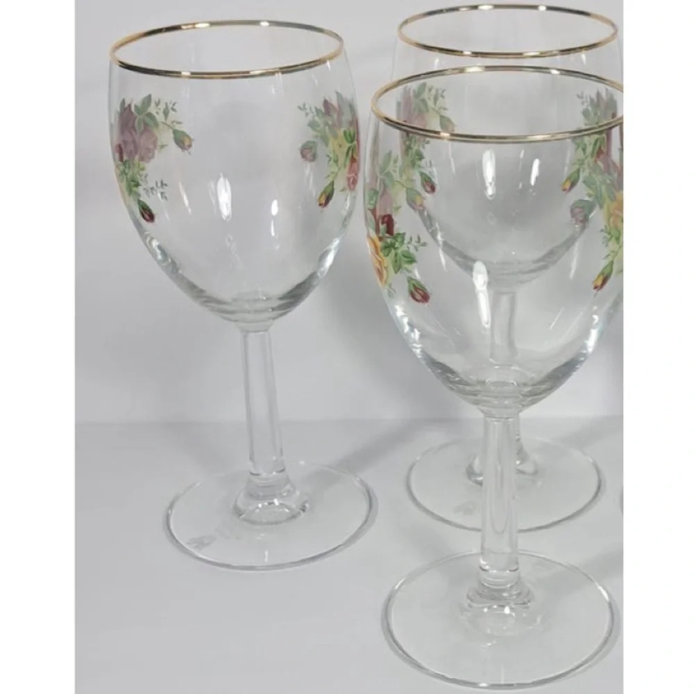 Vintage Royal Albert Old Country Roses Wine Glass Set Barware Burgundy Gold Rim